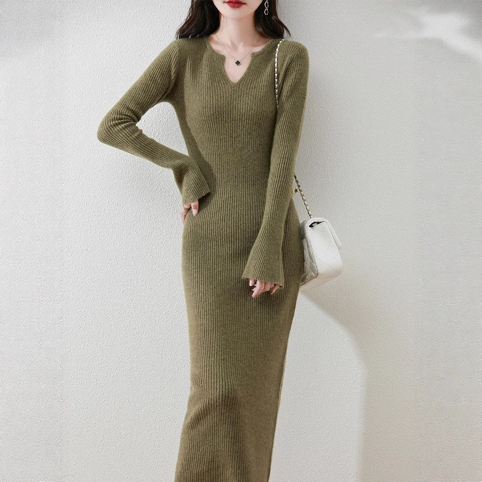 STOCK-Elegant Long V-Neck Slim Fit Sweater Dress