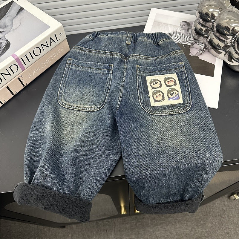 Boys Korean Style Fleece Lined Harem Jeans Autumn Winter