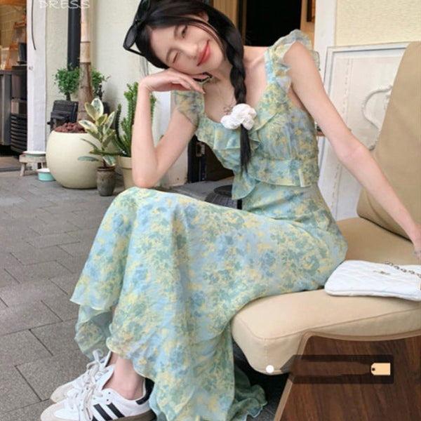 STOCK-French floral suspender dress for women