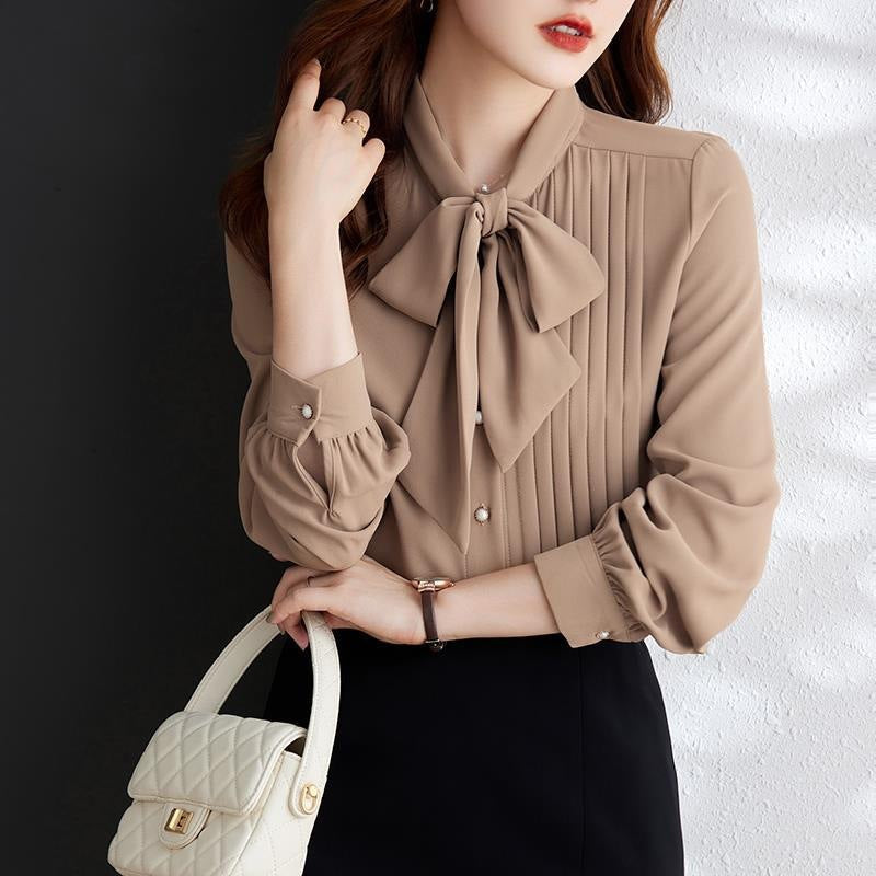Light Brown Lace Up Chiffon Shirt Bow Collar Asymmetry