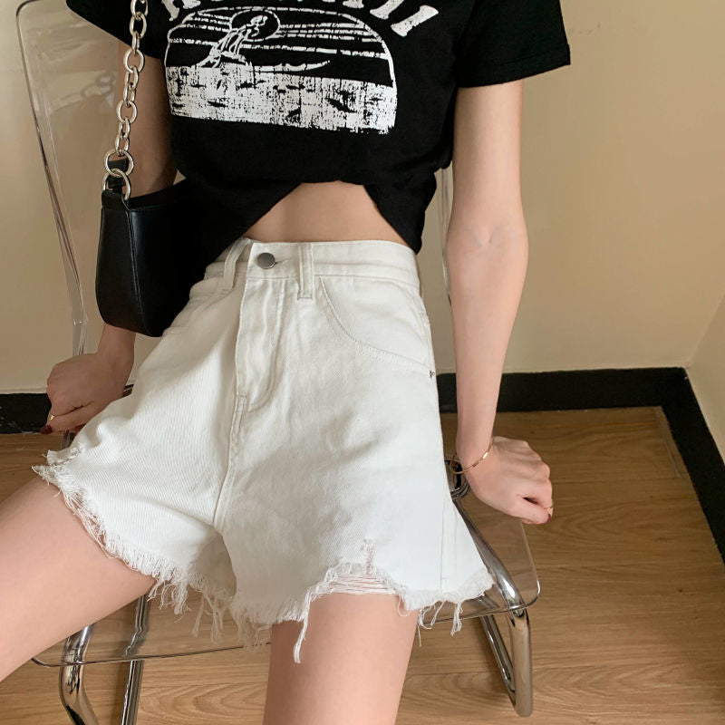 High Waist Korean Denim Shorts Wide Leg Ripped Edge