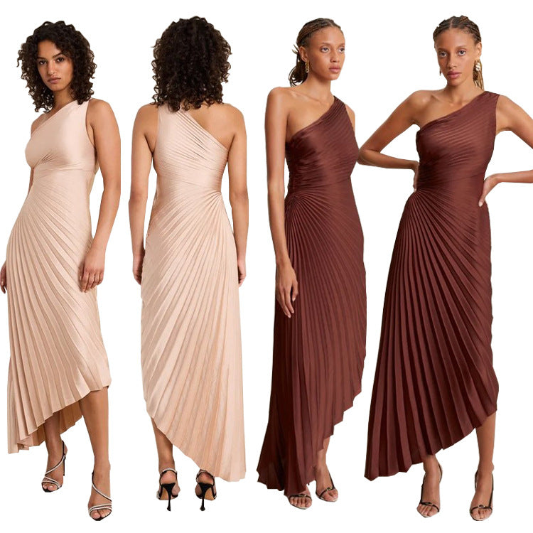 STOCK-One-Shoulder Pleated Satin Dress