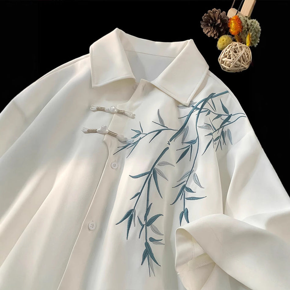STOCK-Chinese Ice Silk Buckle Shirtamboo Half Sleeve Shirt