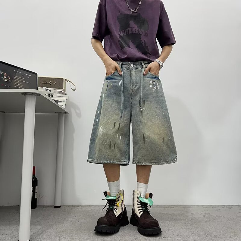 Splash-Print Street Hip-Hop Denim Shorts