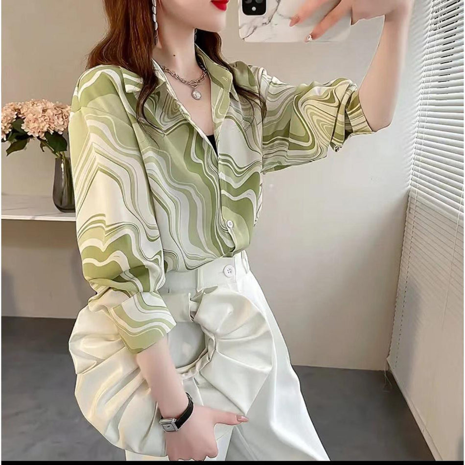 Green Striped Chiffon Shirt for Women