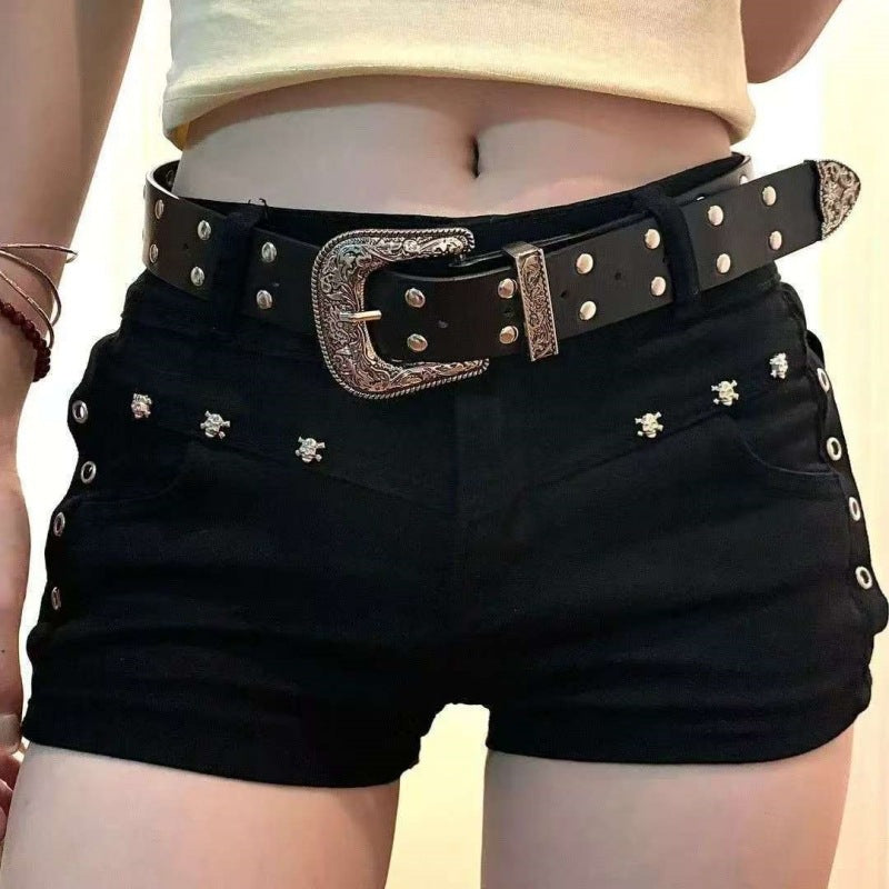 Y2K Low Waist Black Denim Hot Pants Rivet Style Women