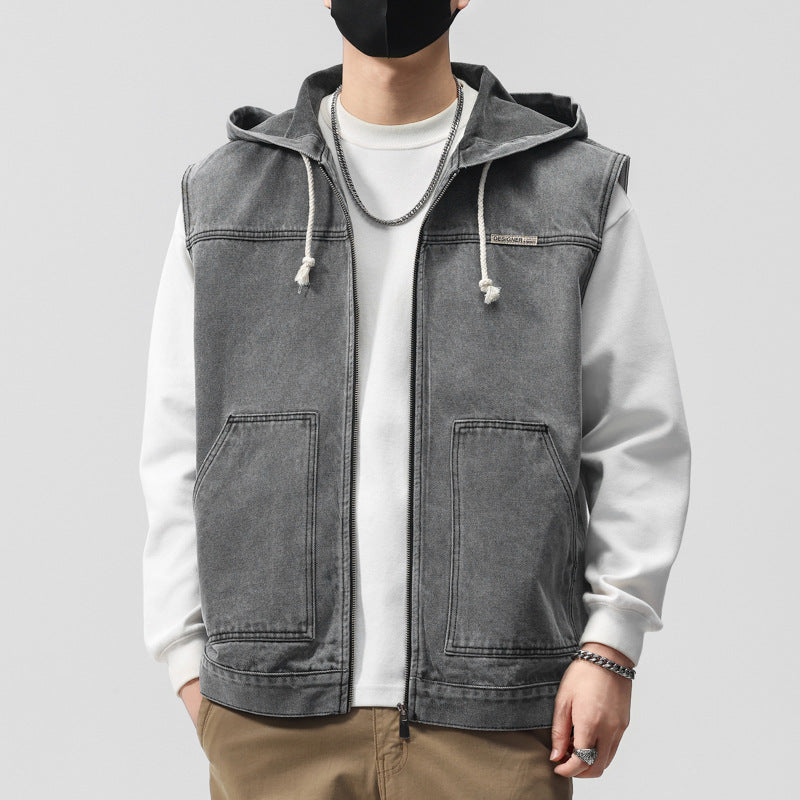 Men’s Hooded Denim Vest – Autumn Streetwear Sleeveless Jacket