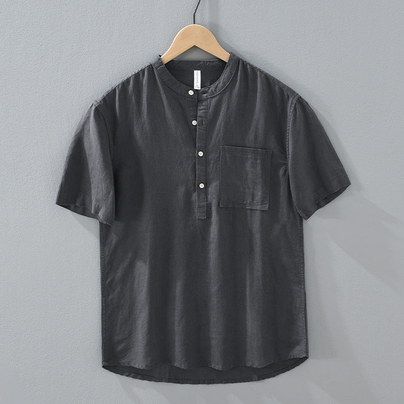 STOCK - Men's Cotton Linen Stand Collar Shirt