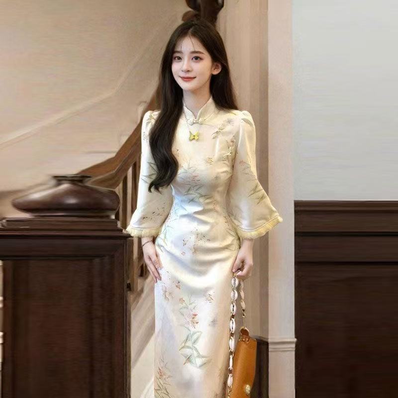 Textured Chinese Style Cheongsam Slim Hip Hugging Dress