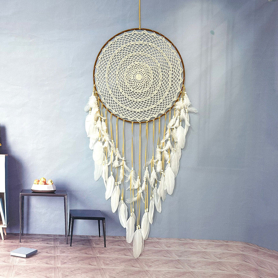 Crochet Dream Catcher with Feather Wind Bell – Large Decor
