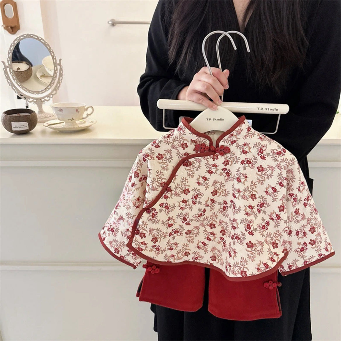 Girls Red Velvet Tang Suit – Festive Winter Outfit – Outfit Sets – Image 6