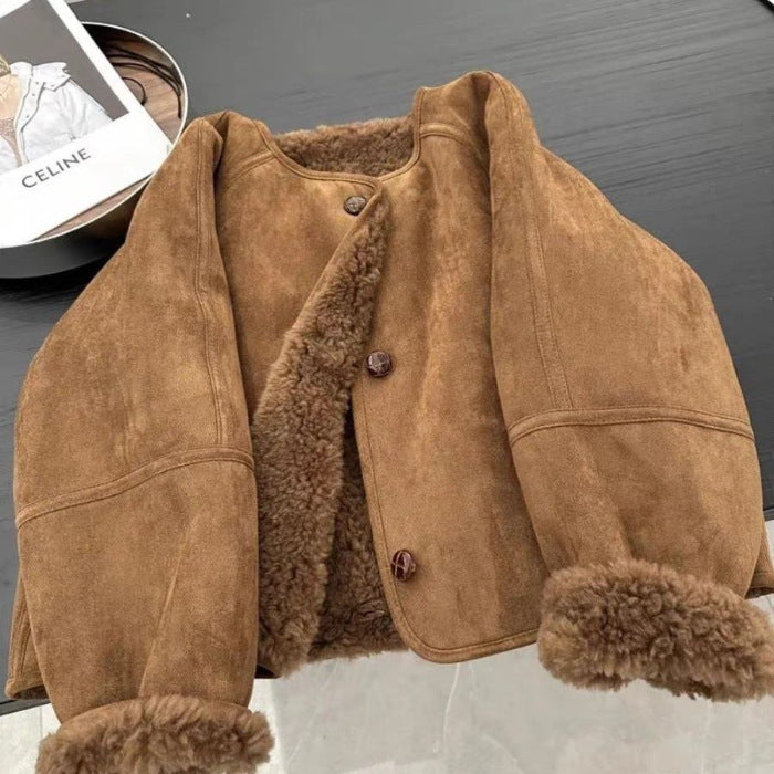 INSTOCK-Women's Brown Lamb Wool Short Korean Coat
