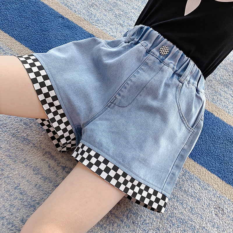 Summer Girls Checkerboard Washed Denim Shorts New Style