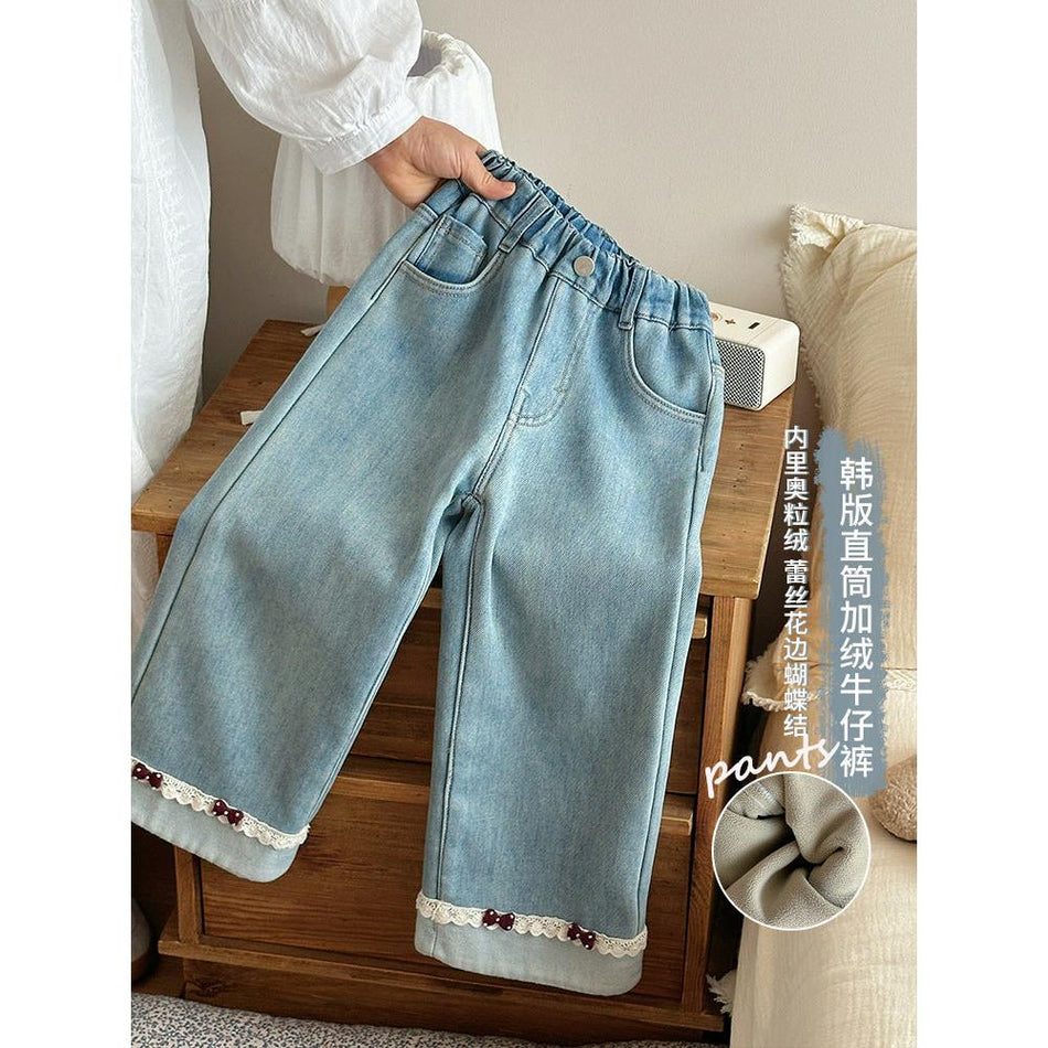 Girls’ Loose Straight Fleece-Lined Winter Jeans
