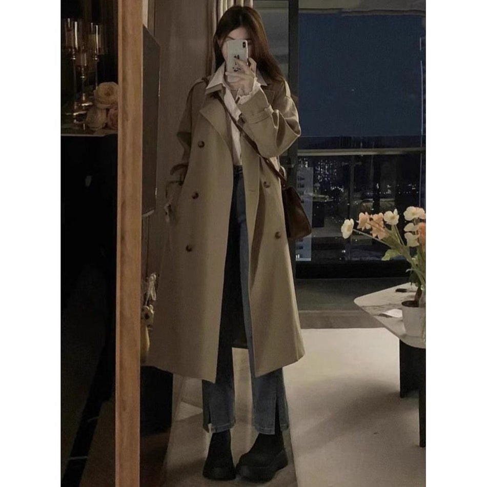 Khaki Windbreaker Jacket Women Mid-Length Korean Style Spring