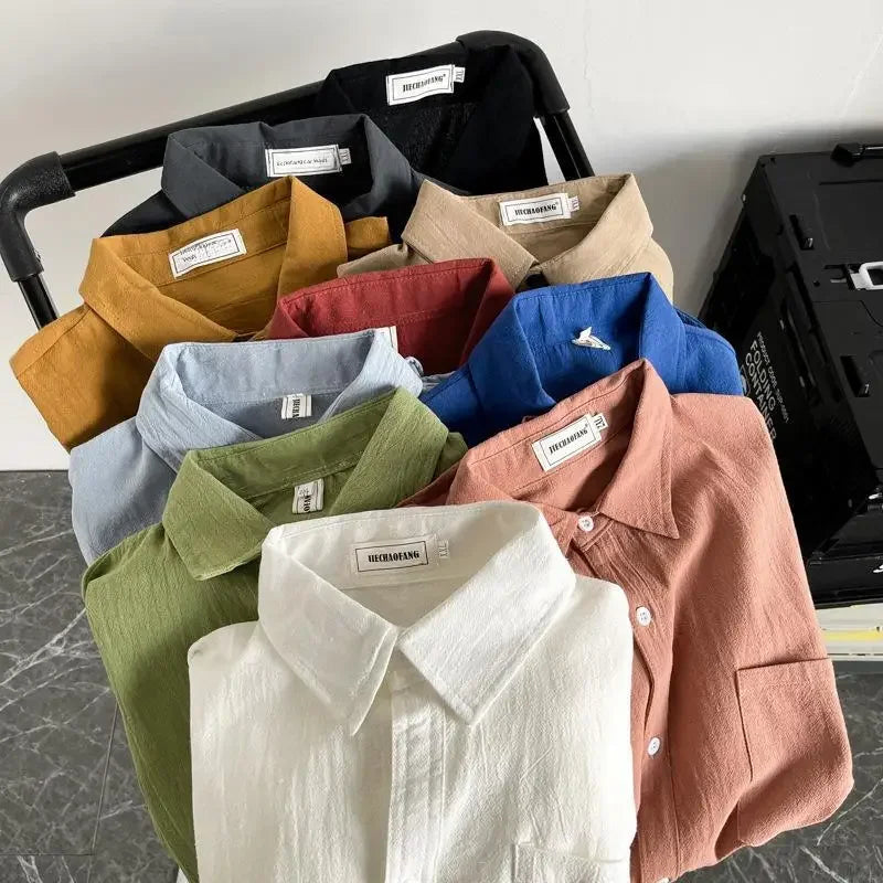 STOCK-Cotton Linen Shirt – Japanese Hong Kong Style for Men
