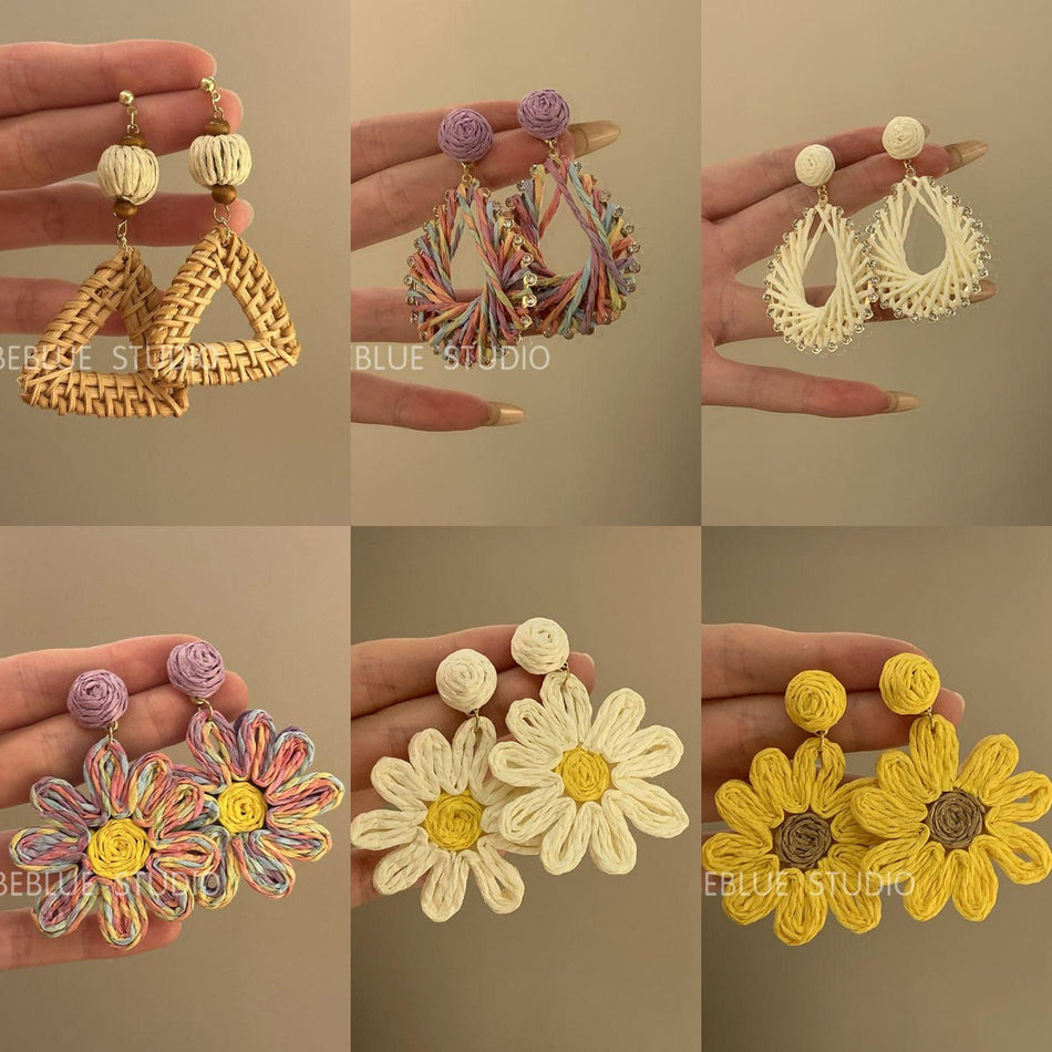 Raffia Flower Hand-Knitted Summer Vacation Earrings