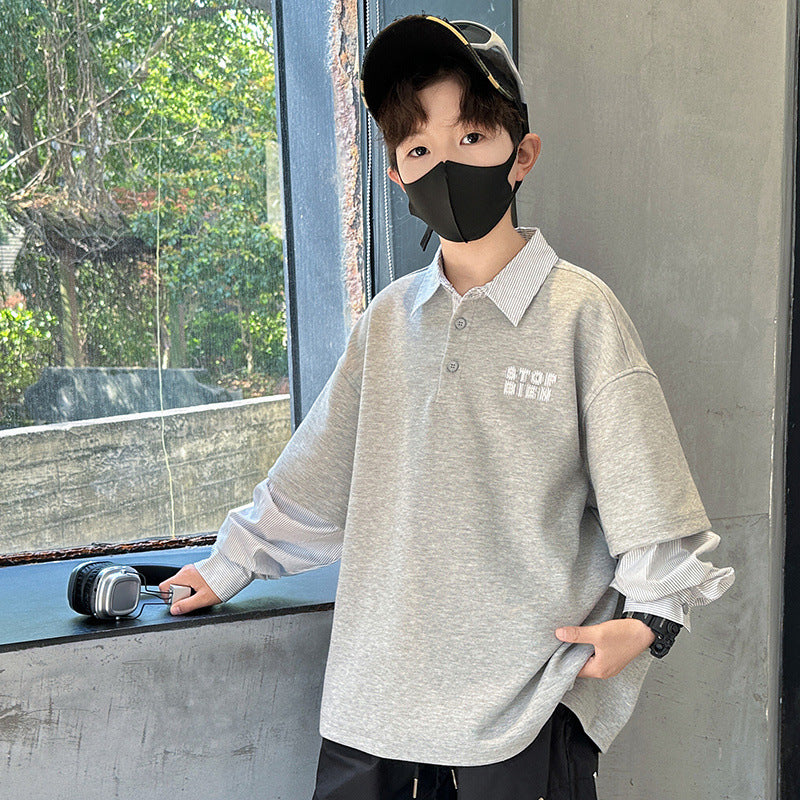 Boys’ 2025 Faux Two-Piece Sweatshirt – Stylish Polo Top – Kids Fashion Nepal | Tudoholic