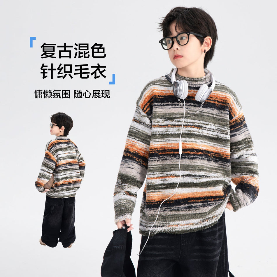 Boys Korean Style Striped Winter Knit Sweater 2025