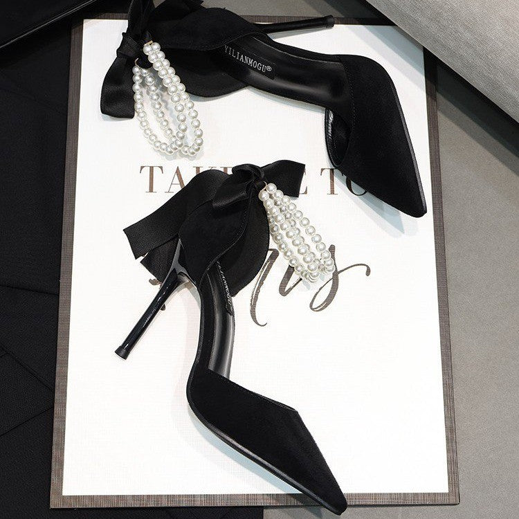 2026 Black Pearl Suede Stiletto High Heels