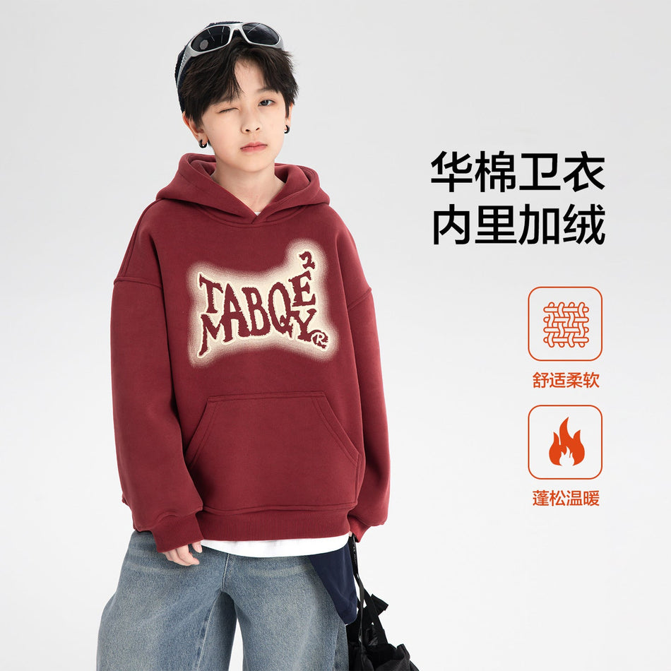 Boys Autumn Winter Red Velvet Hooded Sweatshirt Kidsren Top