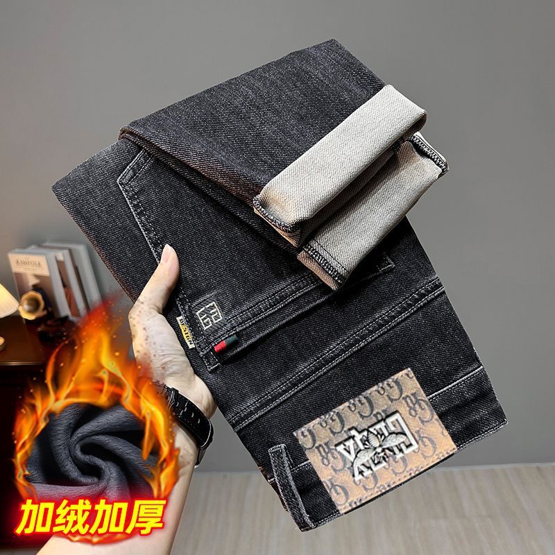 Men’s Plush Slim Straight Jeans with Embroidery