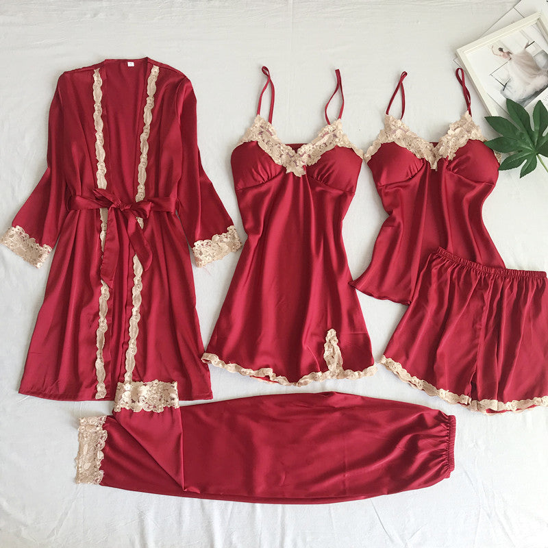 Sexy 5-Piece Imitation Silk Pajama Set – European Loungewear