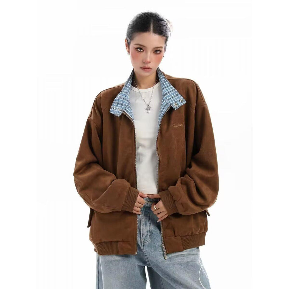 Unisex Plaid Splicing Suede Jacket Autumn Baseball Style Fit