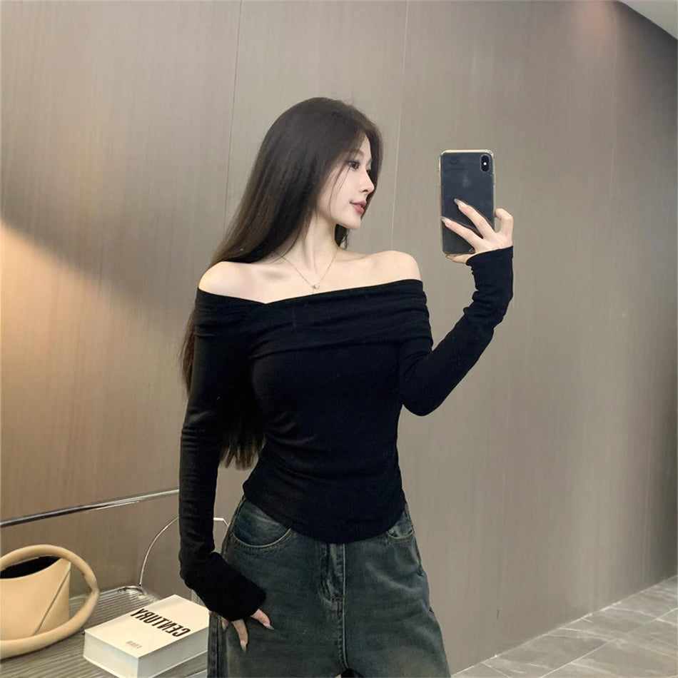 STOCK-Off-Shoulder Diagonal Neck Slim Base Top