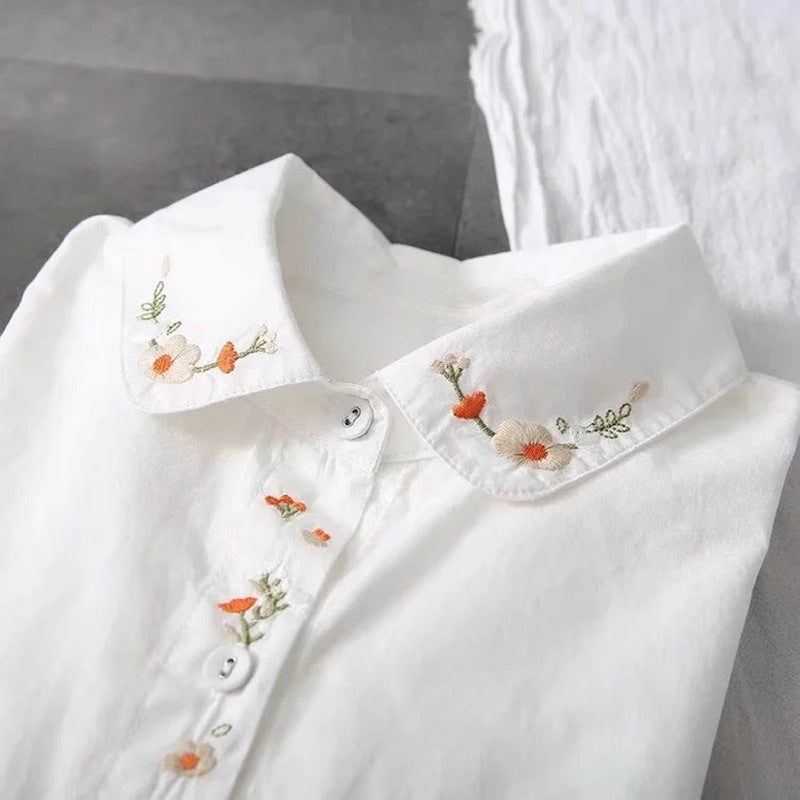 Retro Embroidered Cotton Long-Sleeve Shirt for Women