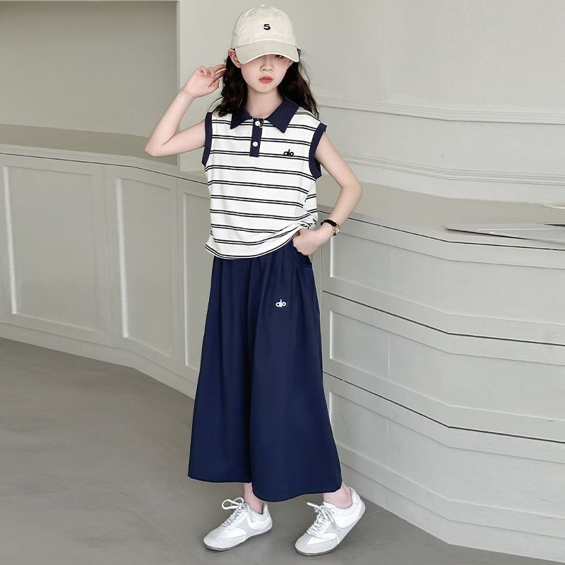 Girls Polo Plaid Wide-Leg Summer Two-Piece Set – Baby & Children's Outfits – Image 1