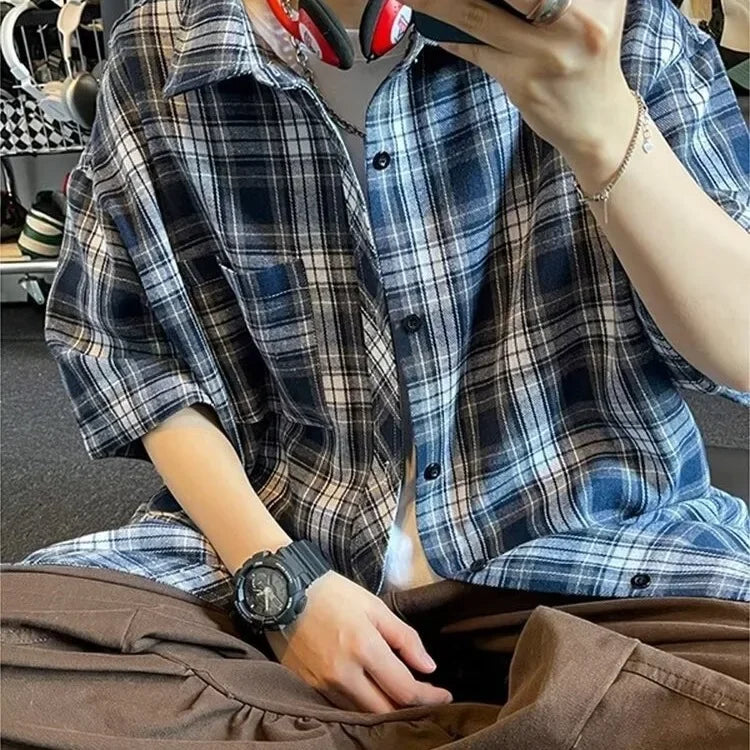 Men’s Plaid Short Sleeve Shirt – Retro Japanese & American Style