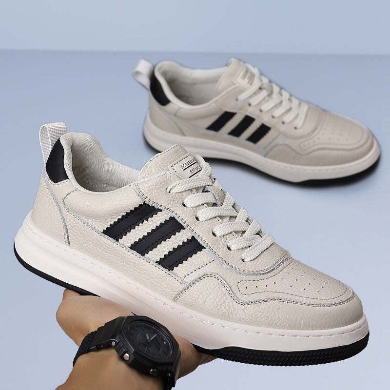 Men’s Genuine Leather Sneakers – Thick-Soled White Shoes