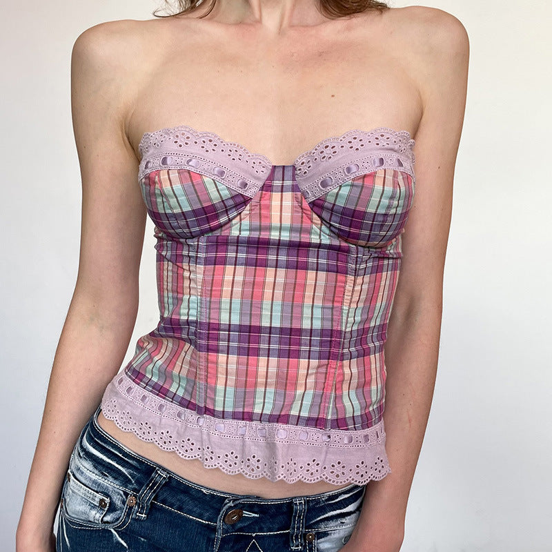 Spice Girl Pattern Contrast Slim Lace Tube Top for Women