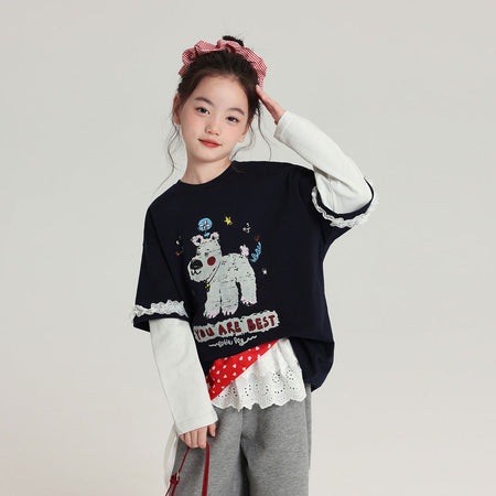 Pudding Haru Girls’ Cartoon Fake Two-Piece Long-Sleeve Tee – Kids Fashion Nepal | Tudoholic