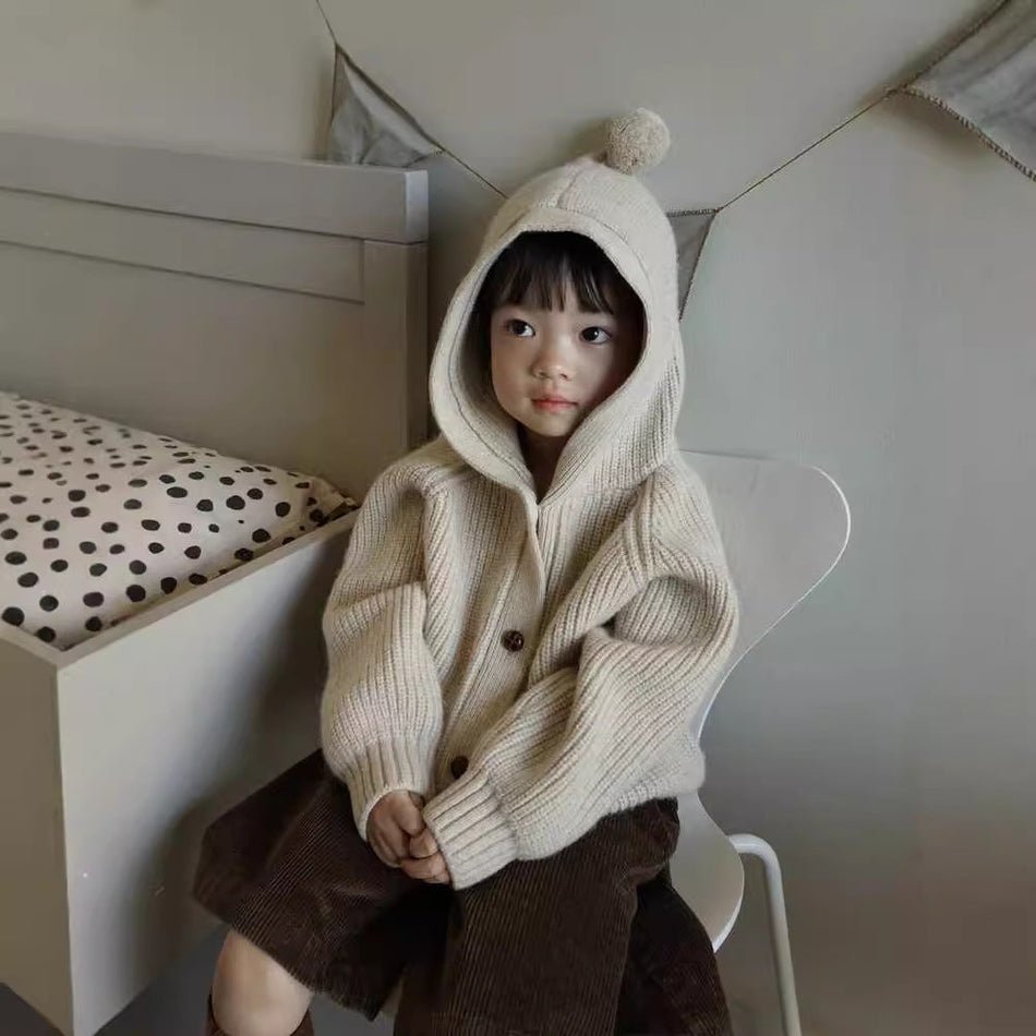 Kids’ Hooded Knitted Cardigan with Cute Fur Ball Hat
