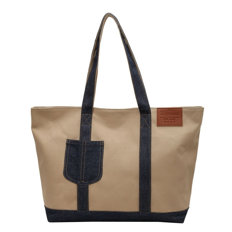 STOCK-Large Capacity Stitching Denim Tote Bag for Women