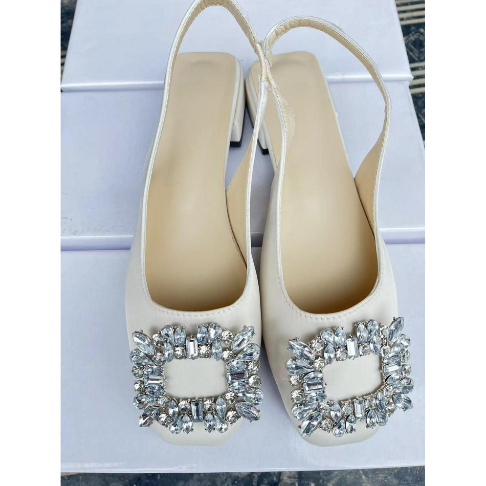 Closed-Toe Chunky Heel Sandals – Rhinestone Buckle
