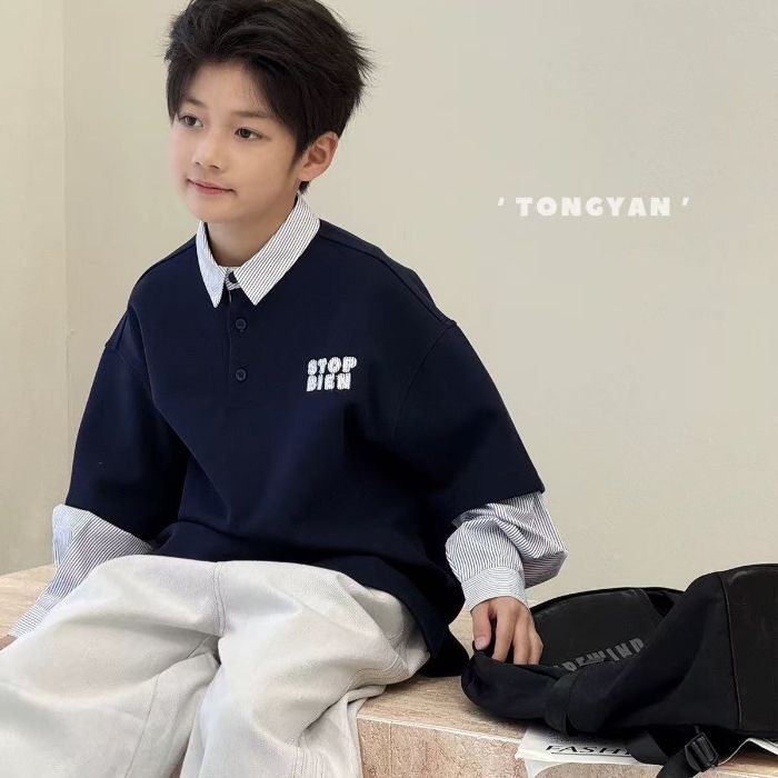 Boys’ 2025 Faux Two-Piece Sweatshirt – Stylish Polo Top – Kids Fashion Nepal | Tudoholic