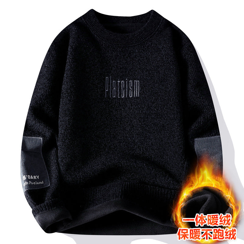 Fleece-Lined Thickened Crewneck Sweater Men Loose Warm Top