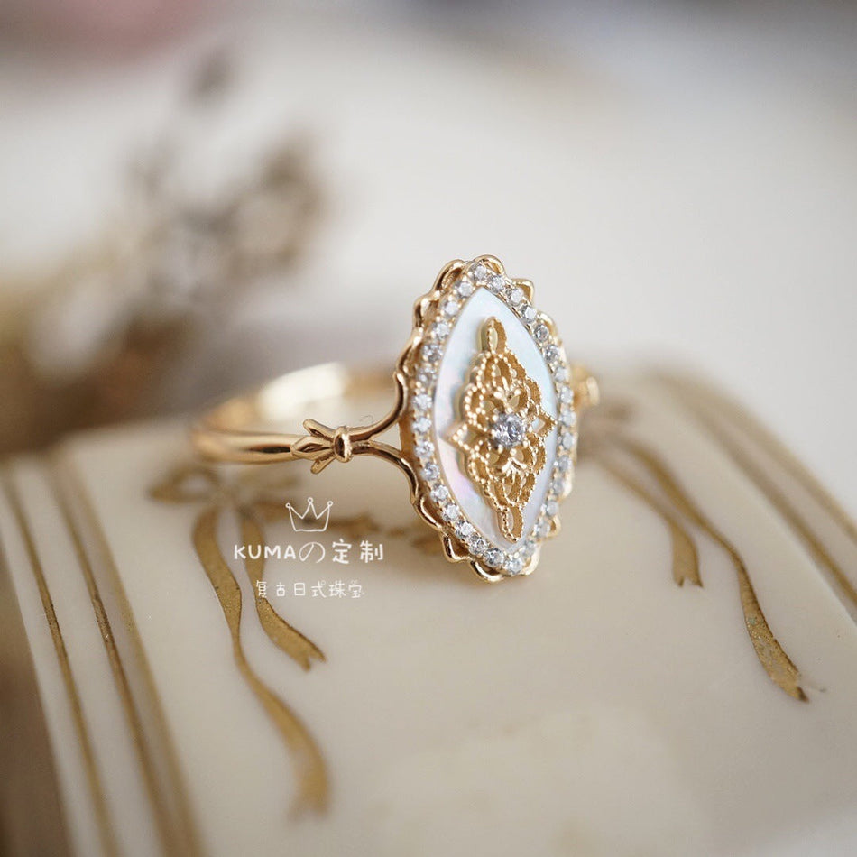 Cut-Out Lace White Shell and Colorful Zircon Ring