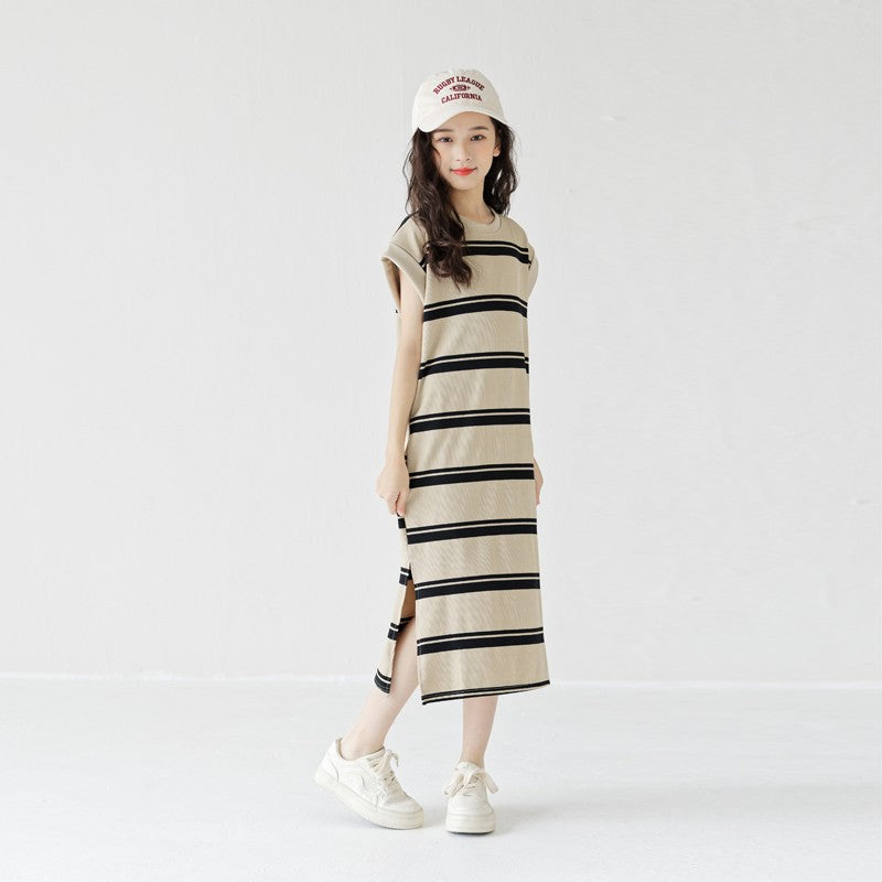Girls' Striped Summer Long Dress – Korean Style T-Shirt Skirt