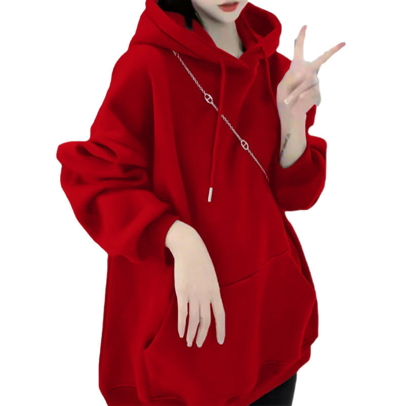 Women’s Fleece-Lined Cotton Hooded Loose Sweatshirt