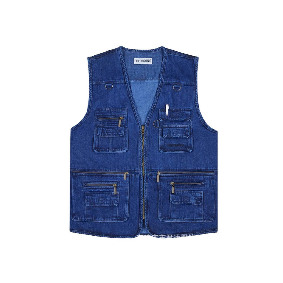 Men’s Outdoor Multi-Pocket Denim Vest – Casual Fishing Waistcoat