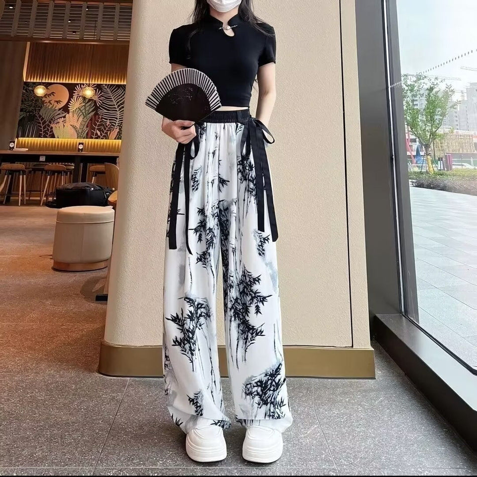 Ink Art Ice Silk Chiffon Wide-Leg Pants