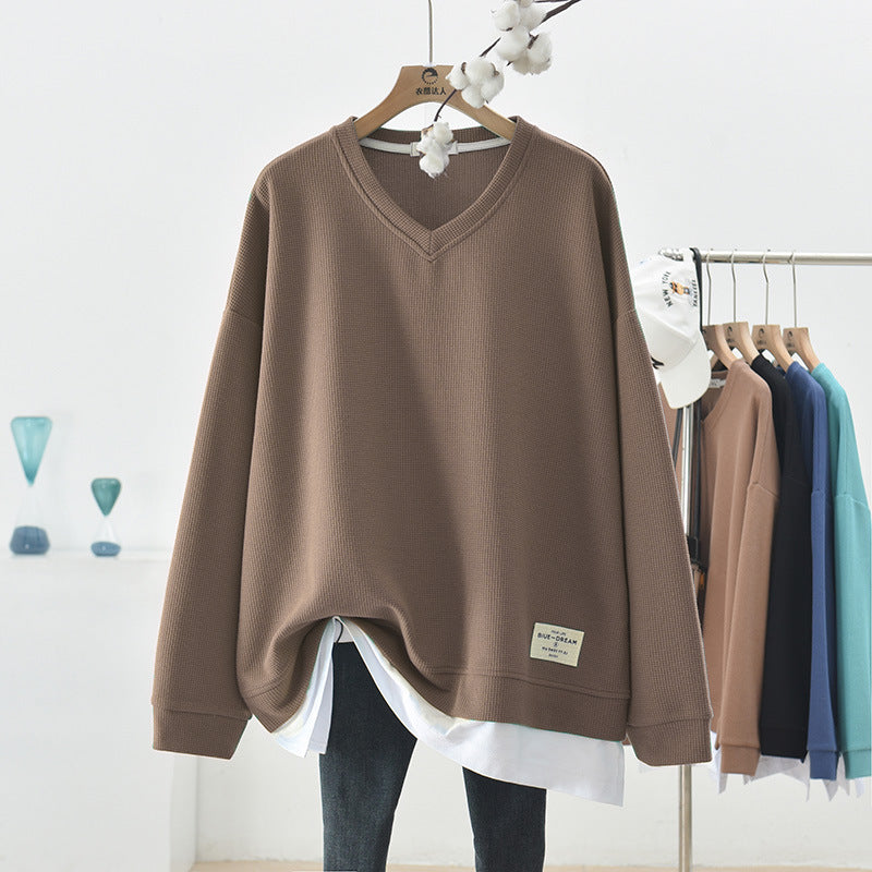 STOCK-Waffle Stitch Fake Two-Piece Sweater