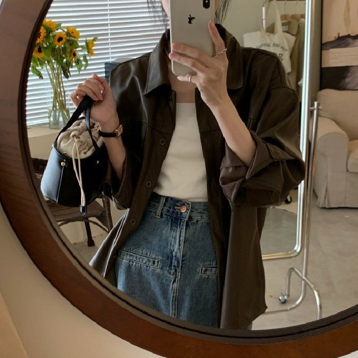 Women’s Coffee PU Leather Mid-Length Jacket