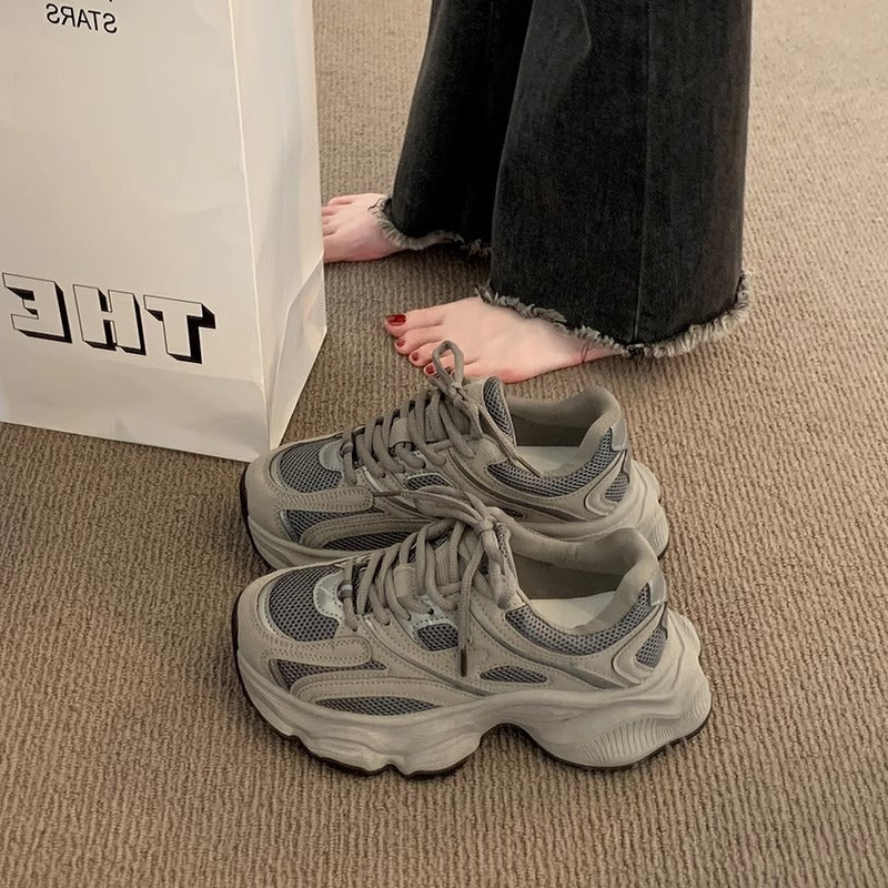 Retro Gray Mesh Breathable Dad Sneakers for Women