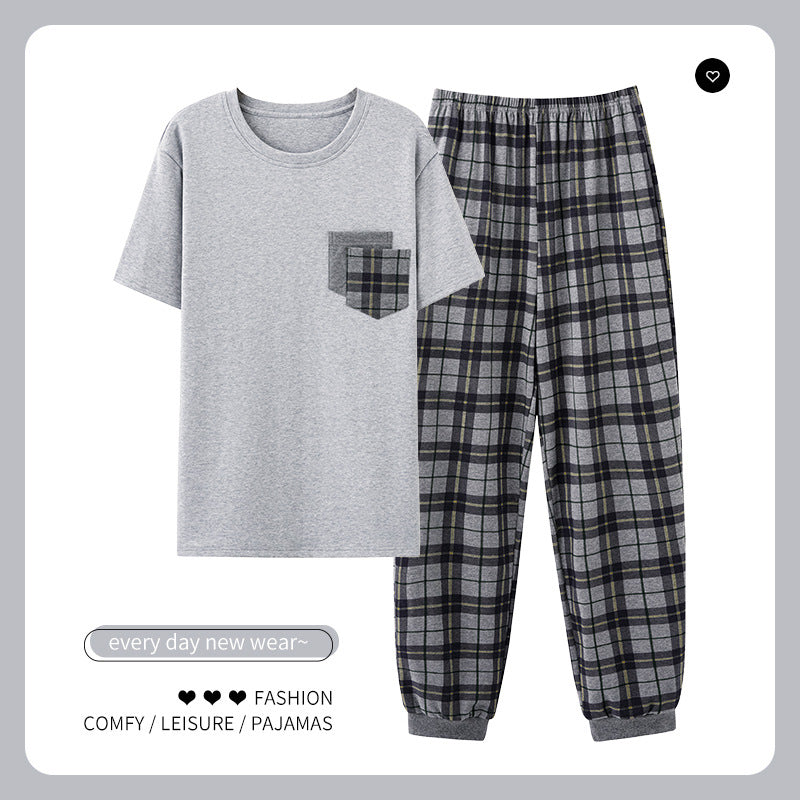 STOCK-Men’s Cotton Plaid Pajamas – Summer Short Sleeve Set