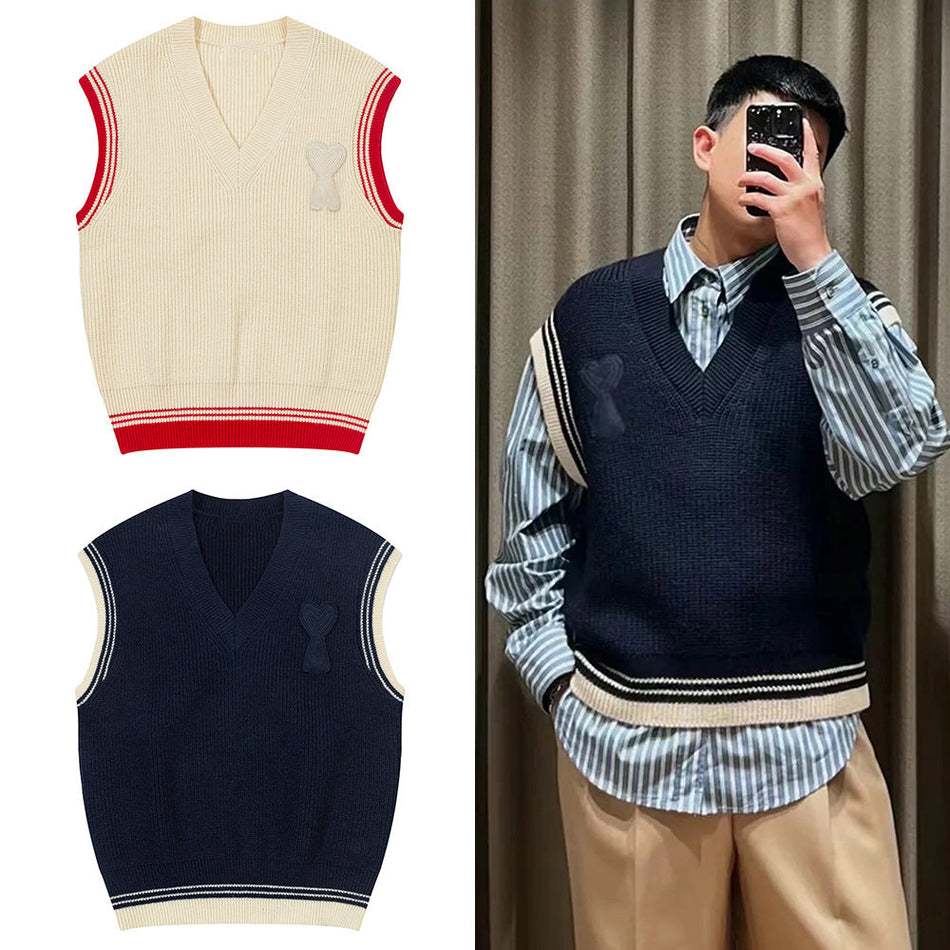 Sleeveless Sweater – Color-Block Letter Knit Vest Unisex